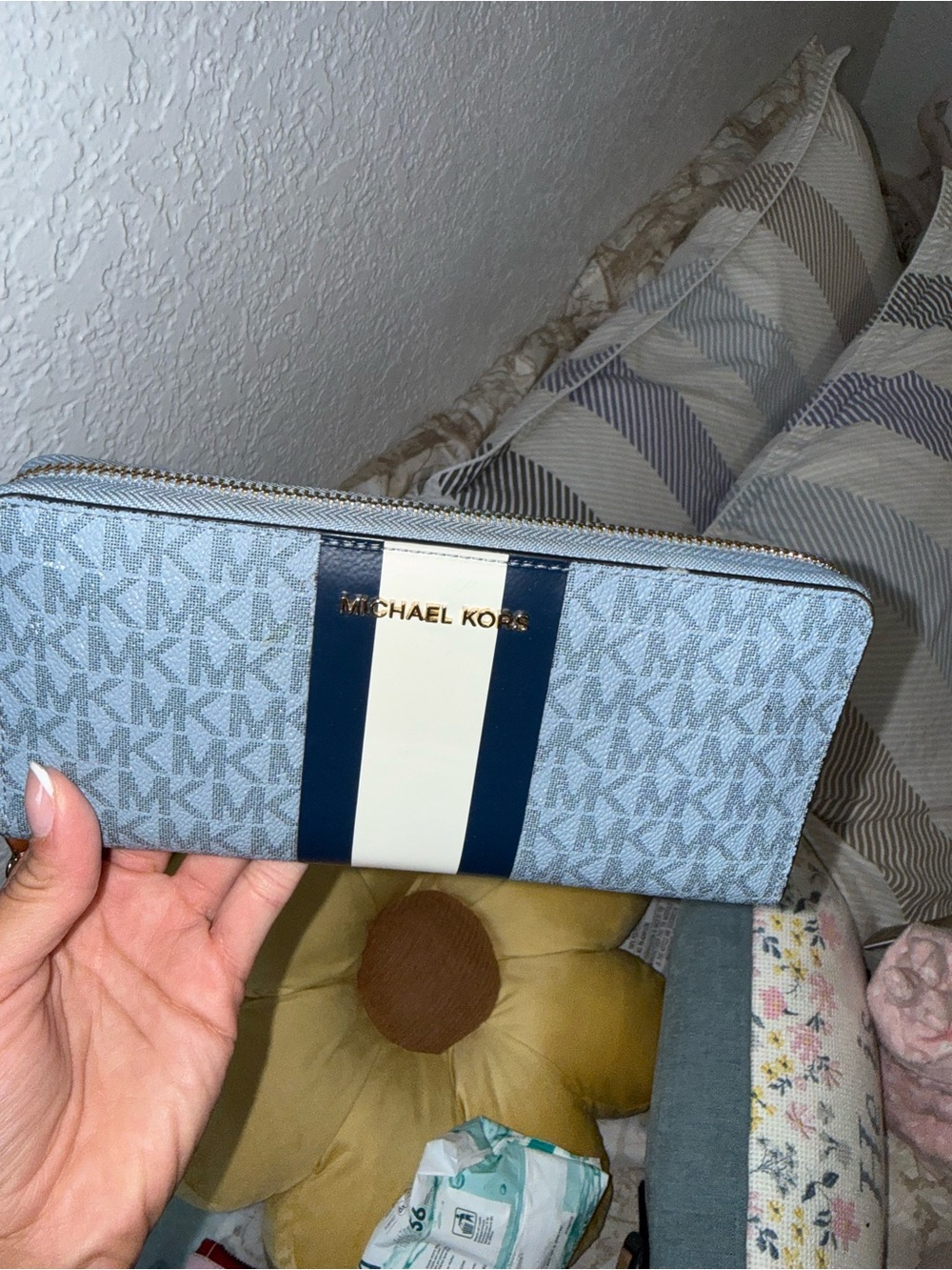 Michael Kors Light Blue & Navy Stripe Signature Zip Wallet